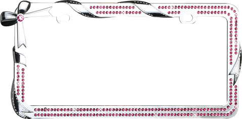 "Bow with Ribbon Wrap" Chrome Metal License Plate Frame with Pink Crystals